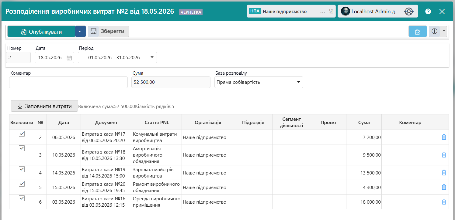 Документ розподілення виробничих витрат QUINCEFIN з періодом, сумою, базою розподілу і витратами