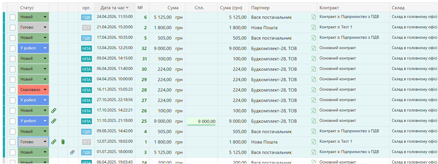 Журнал надходжень QUINCEFIN зі статусами, датами, сумами, партнерами, контрактами та складами
